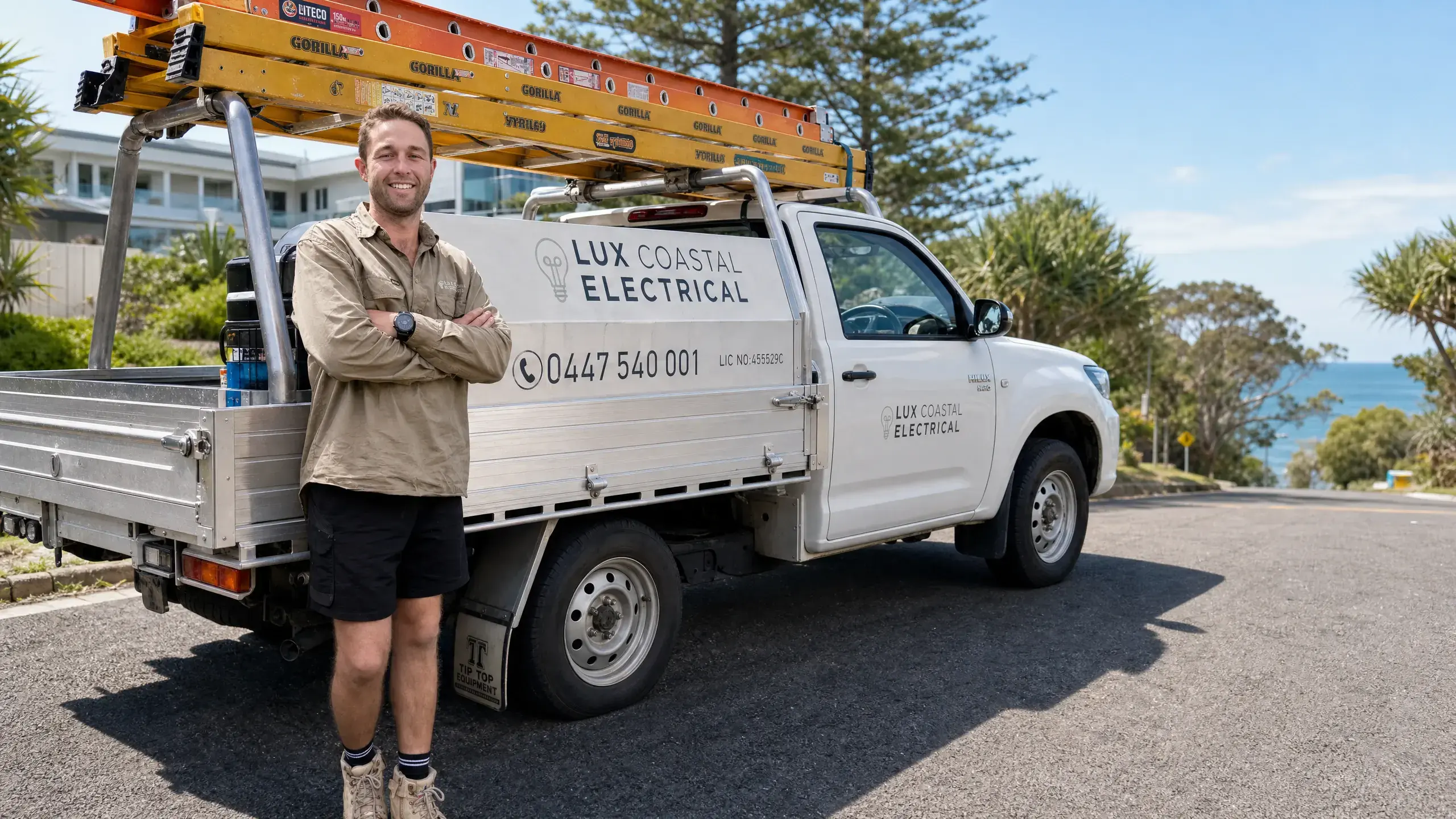Ed Hollis from Lux Coastal Electrical standing beside the branded ute on the Central Coast
