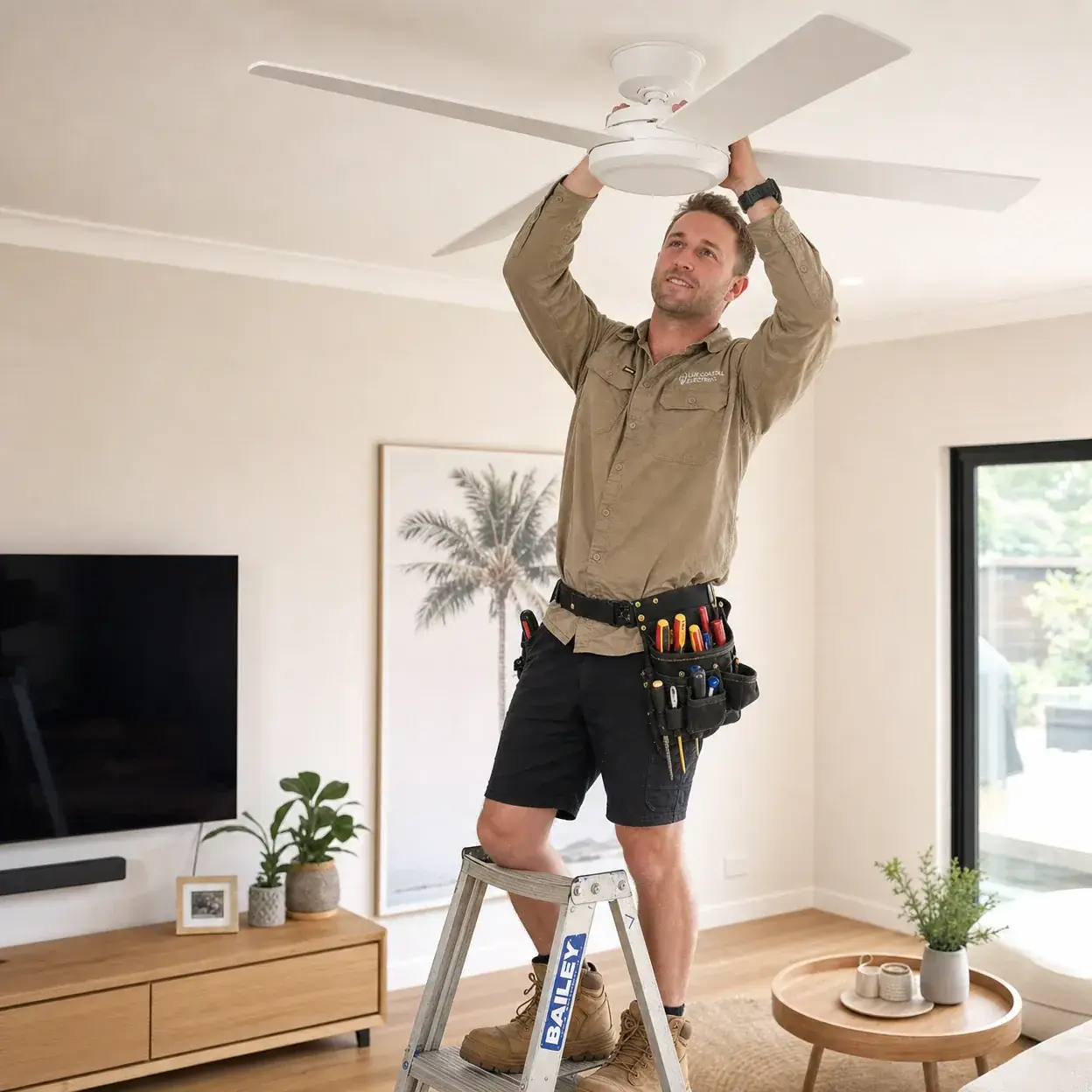 Lux Coastal Electrical installing a ceiling fan in a home