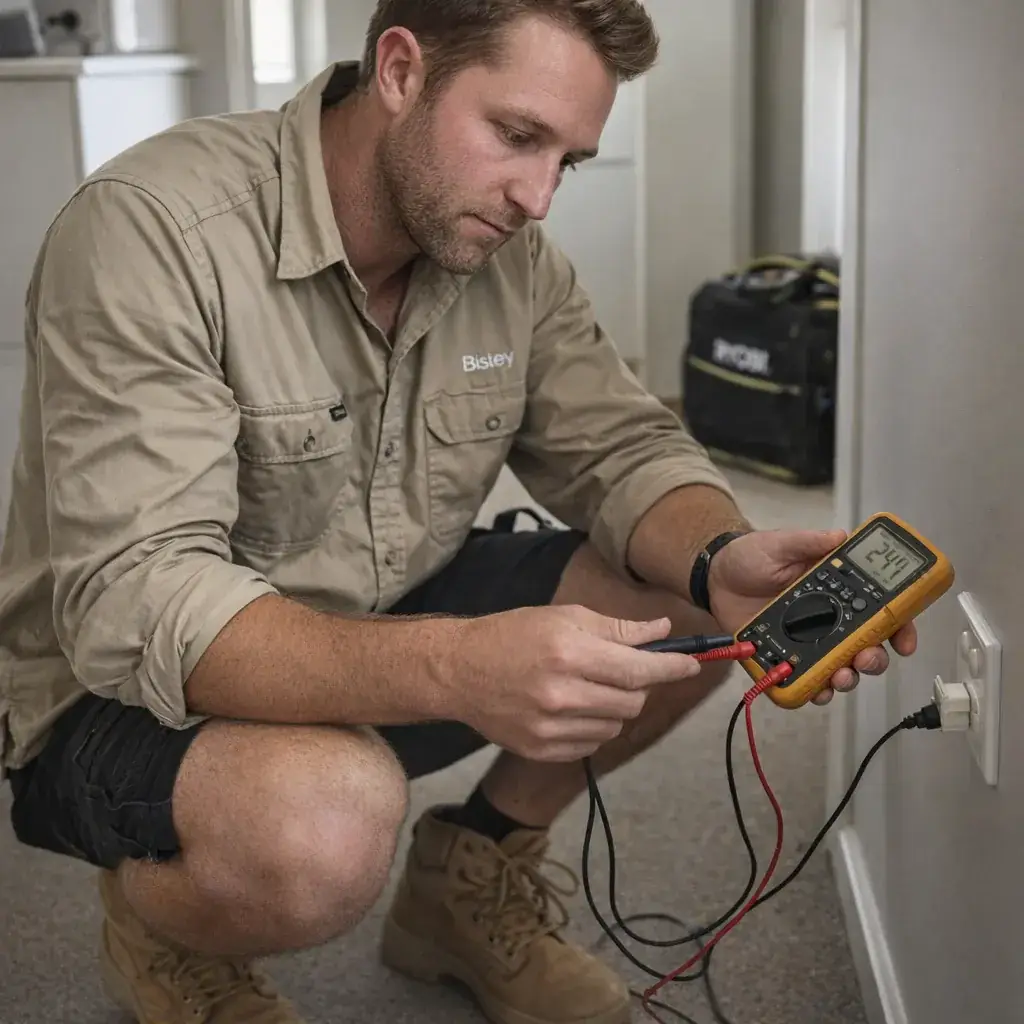 Ed testing a power point with a multimeter for electrical fault finding