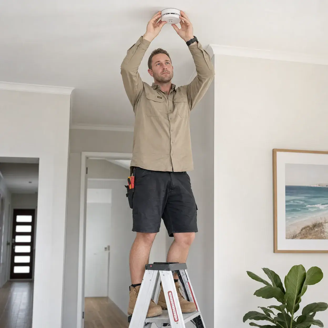 Ed installing a smoke alarm on a residential ceiling