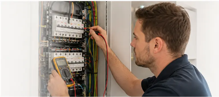 Electrician testing electrical equipment with a multimeter for an educational guide