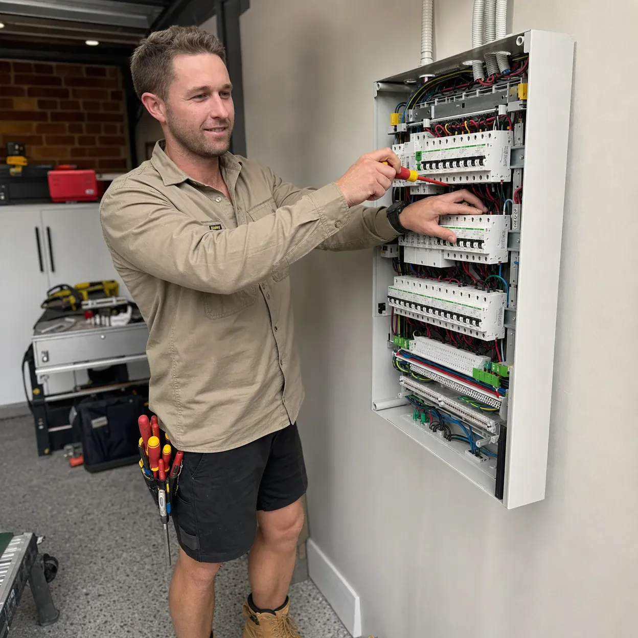 Ed from Lux Coastal Electrical inspecting an open residential switchboard on the Central Coast